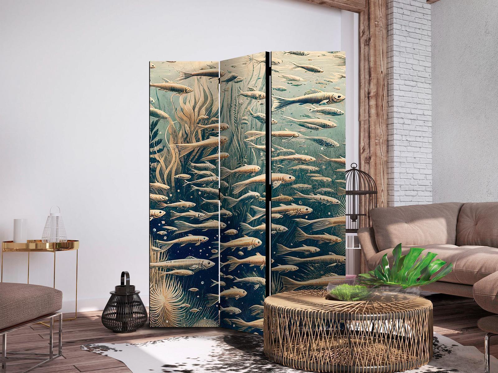 Paravent - Life in the Ocean - Underwater World of Fish and Vegetation in Beige and Navy Colors in Retro Style Artgeist