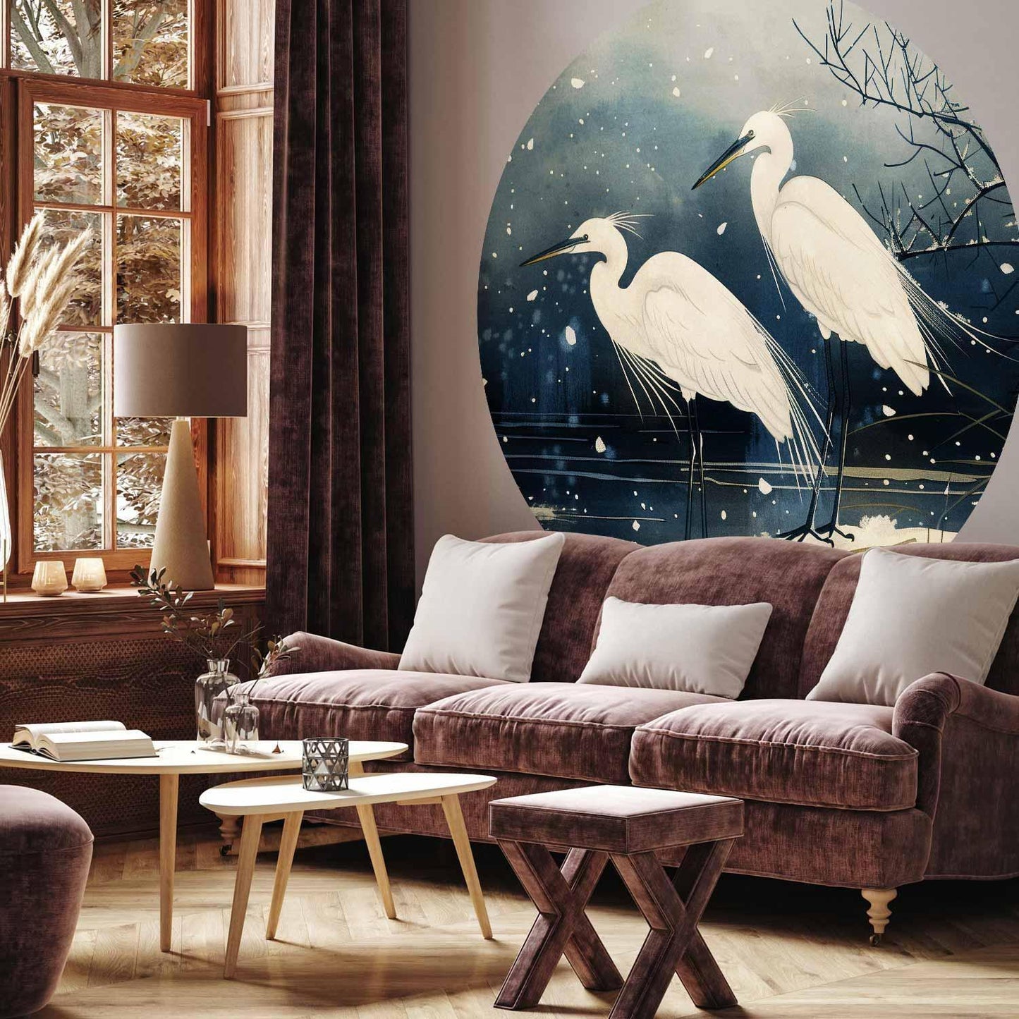 Runde Fototapete - Herons over a winter pond - Japanese-style illustration in dark colours