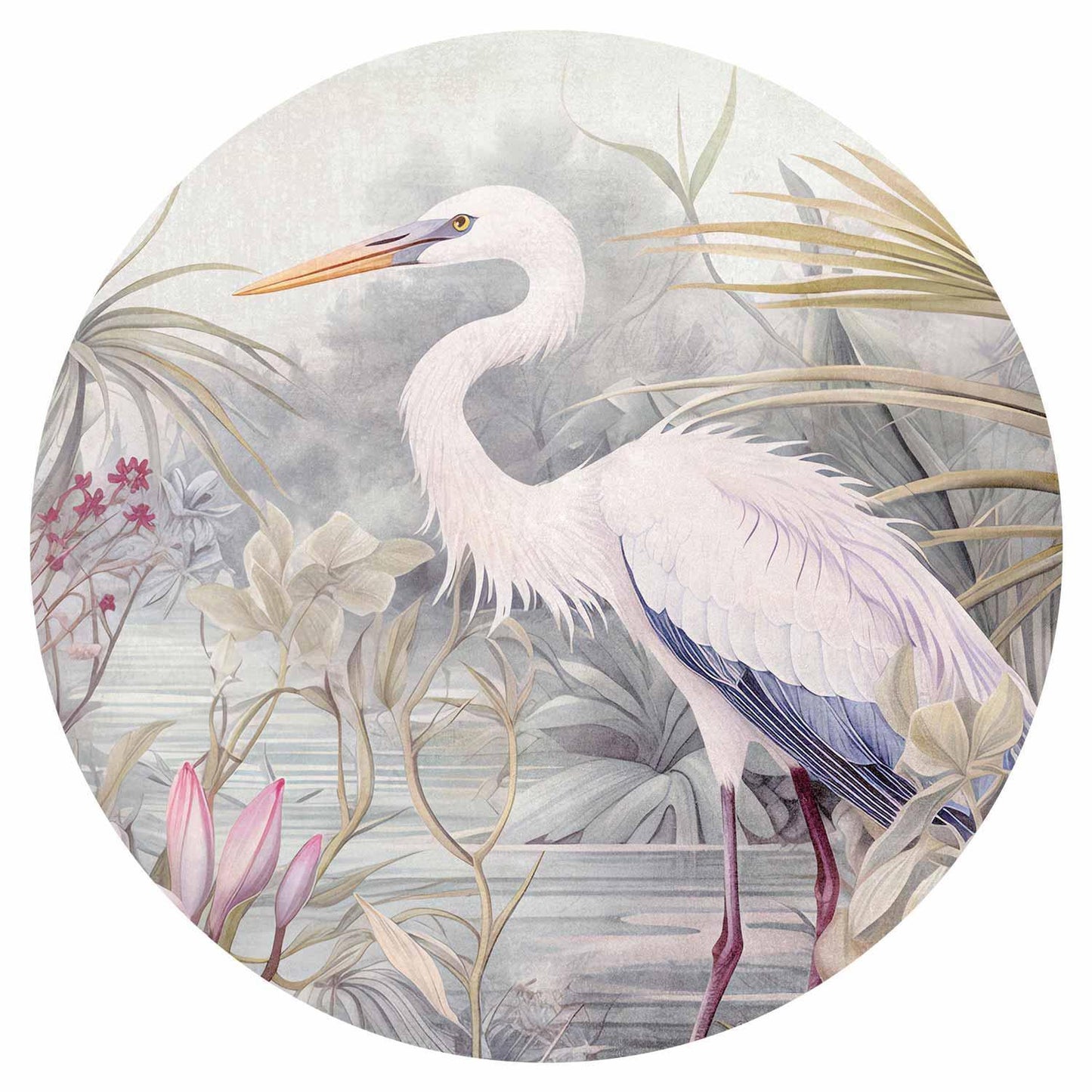 Runde Fototapete - Heron wading in a pond - illustration in bright colours