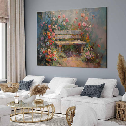 Wandbild XXL - Flowery bench - impressionist painting full of flowers