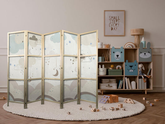 Japanischer Paravent - Cloudy Night Sky - Moons in browns and beiges among numerous clouds and stars on a light background