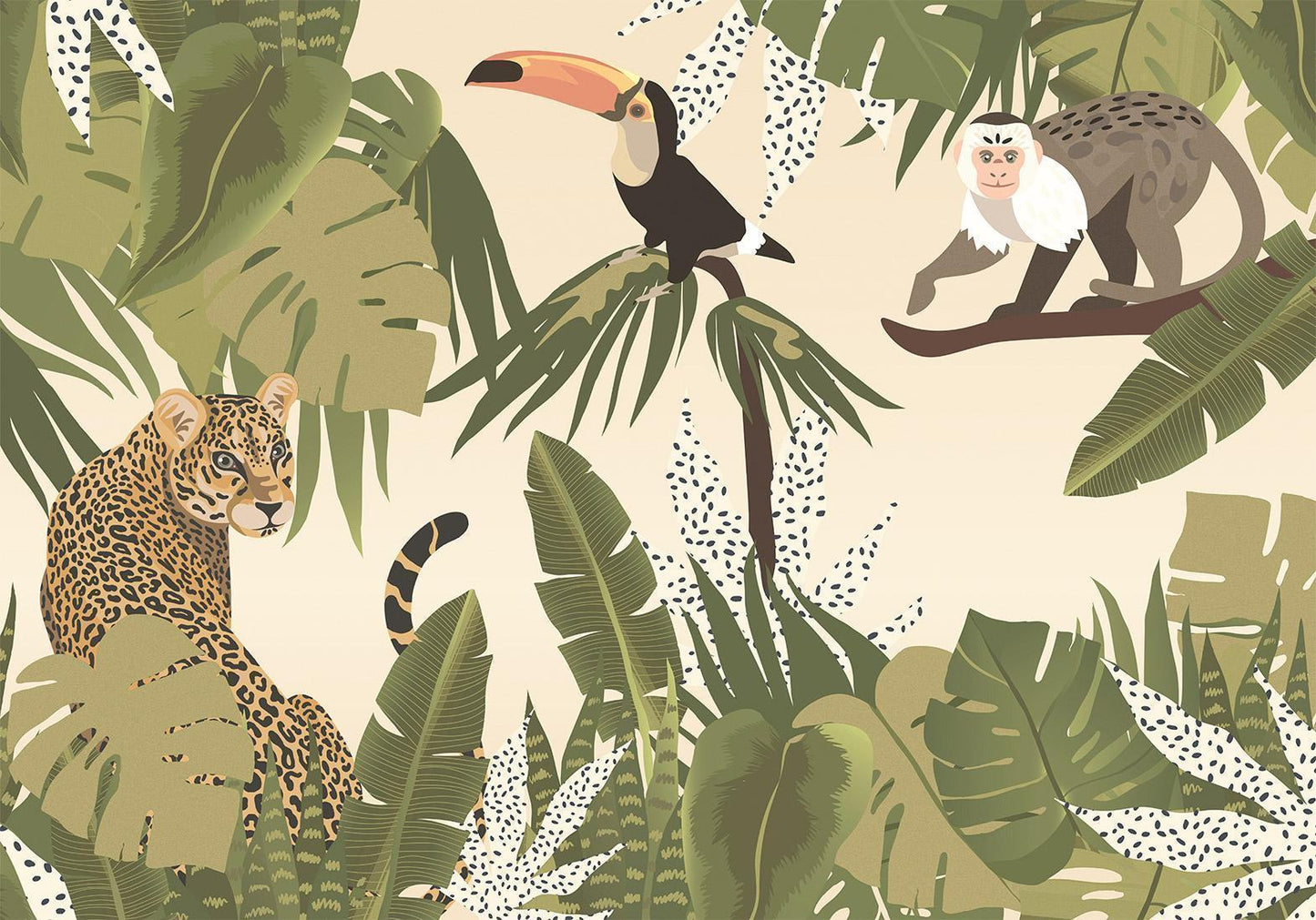 Fototapete - Leaves and Shapes - Jungle in Faded Colours With Animals Artgeist