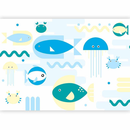 Fototapete - Animals in the sea - geometric blue fish in water for kids Artgeist