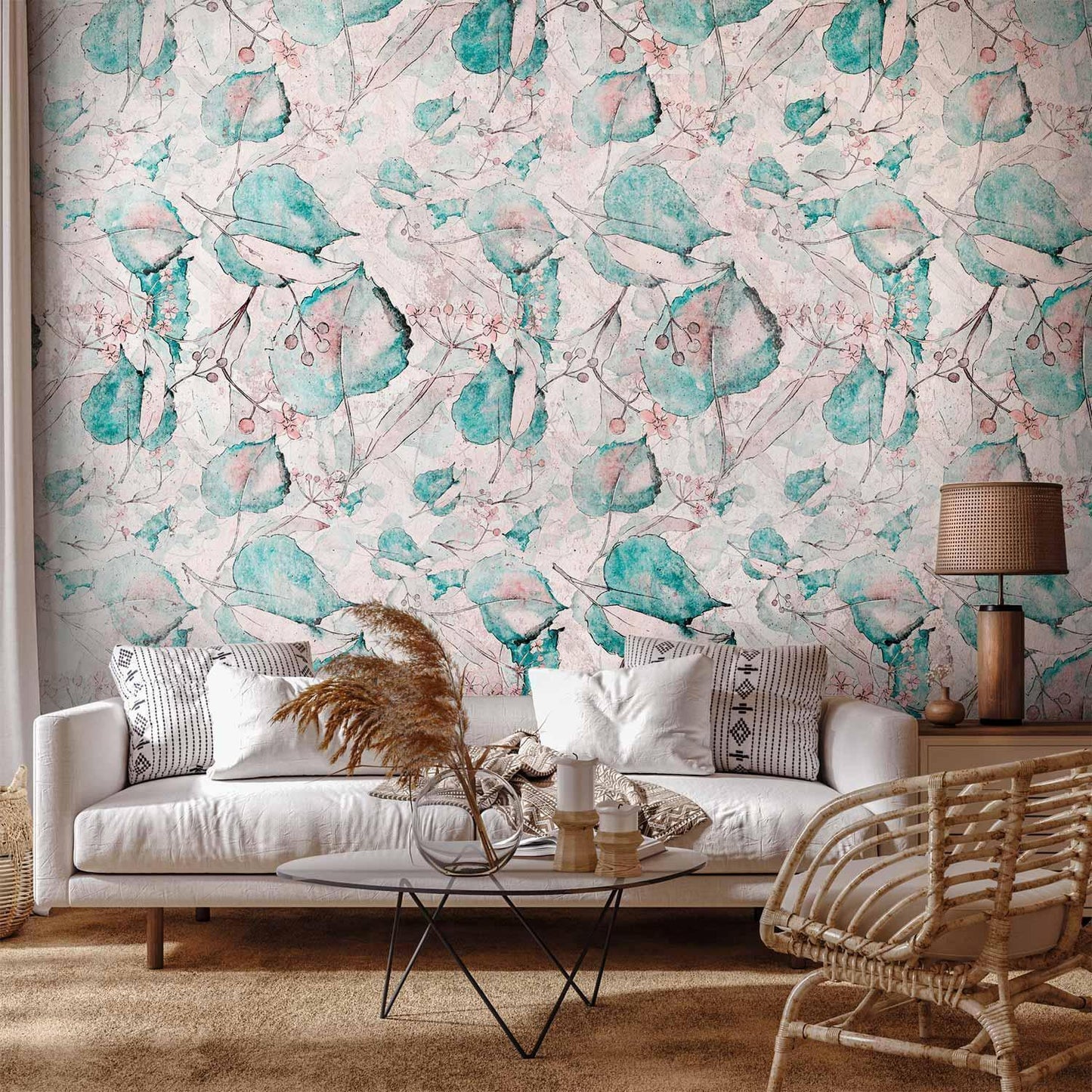 Fototapete - Autumn souvenirs - floral pattern with turquoise leaves Artgeist