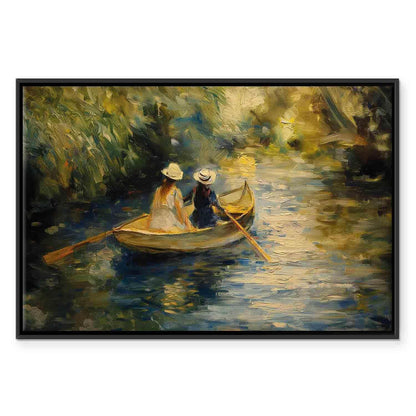 Leinwandbild - Boat crossing - painting of two women sailing a boat on a river