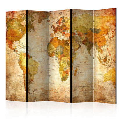 Decorative room divider with world map design, "Paravent - In all its glory II".