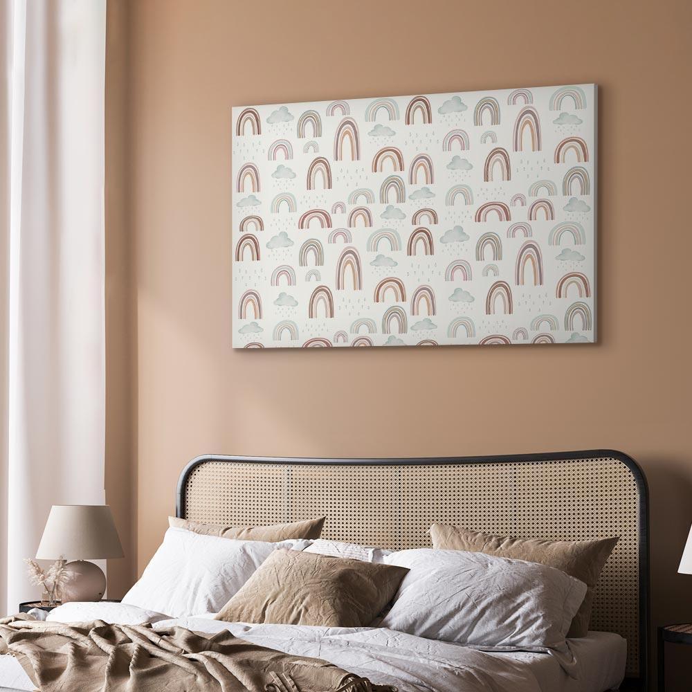 Leinwandbild - Rainbows After the Storm - Rainbows of Various Sizes in Pastel Hues Among Rain Clouds in a Gray-Blue Shade