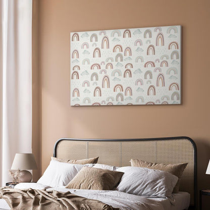 Leinwandbild - Rainbows After the Storm - Rainbows of Various Sizes in Pastel Hues Among Rain Clouds in a Gray-Blue Shade