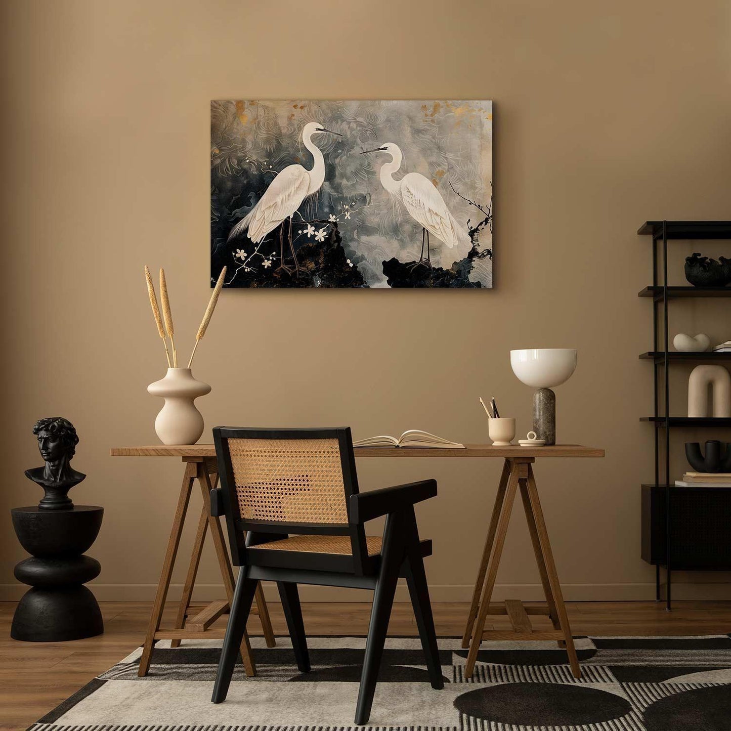 Leinwandbild - Herons and cherry blossoms - oriental-style illustration depicting birds