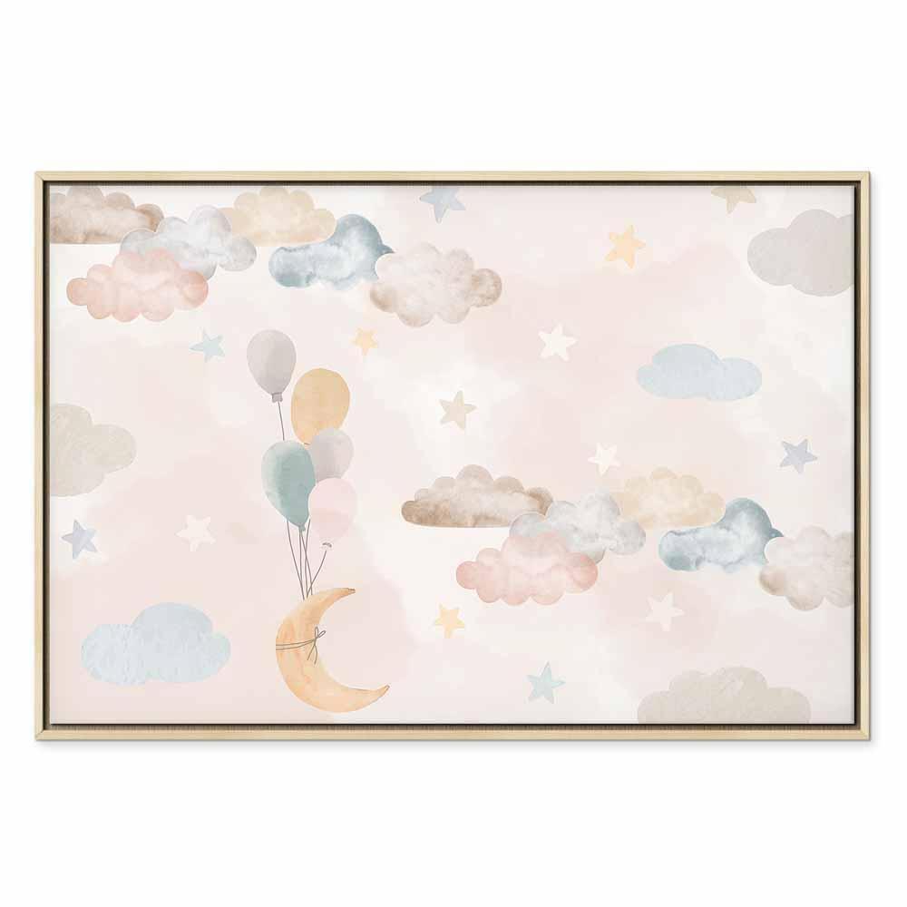 Leinwandbild - Fairy-Tale Moon - Pastel Moon with Balloons Among Colorful Clouds and Stars in Subdued Colors on a Light Background