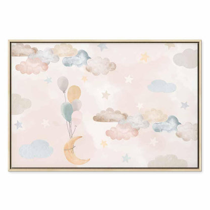 Leinwandbild - Fairy-Tale Moon - Pastel Moon with Balloons Among Colorful Clouds and Stars in Subdued Colors on a Light Background