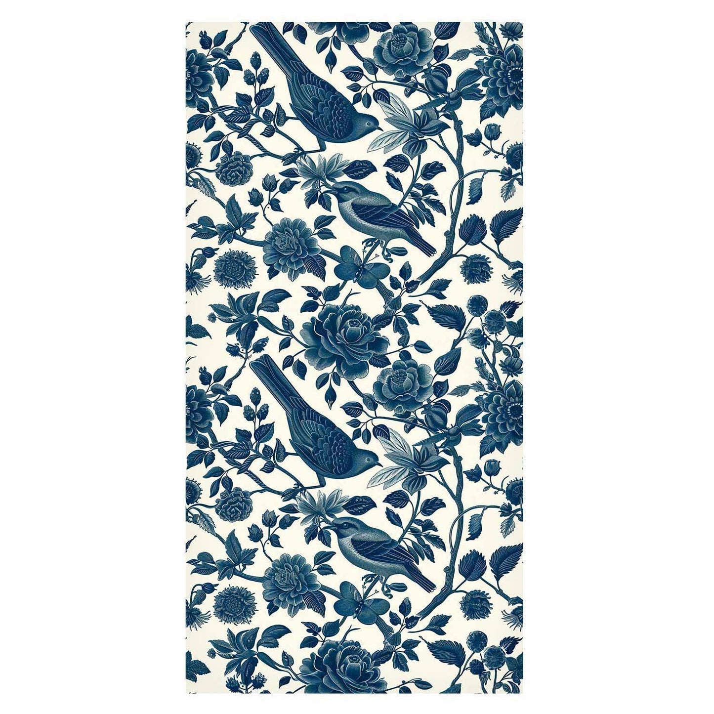 Tapete - Birds and roses - monochrome blue pattern with botanical motif