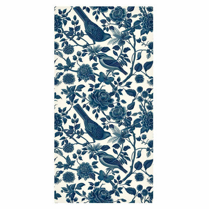 Tapete - Birds and roses - monochrome blue pattern with botanical motif