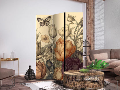 Paravent - Tulips in Cream - Illustration of Flowers and Butterflies on a Light Background Artgeist
