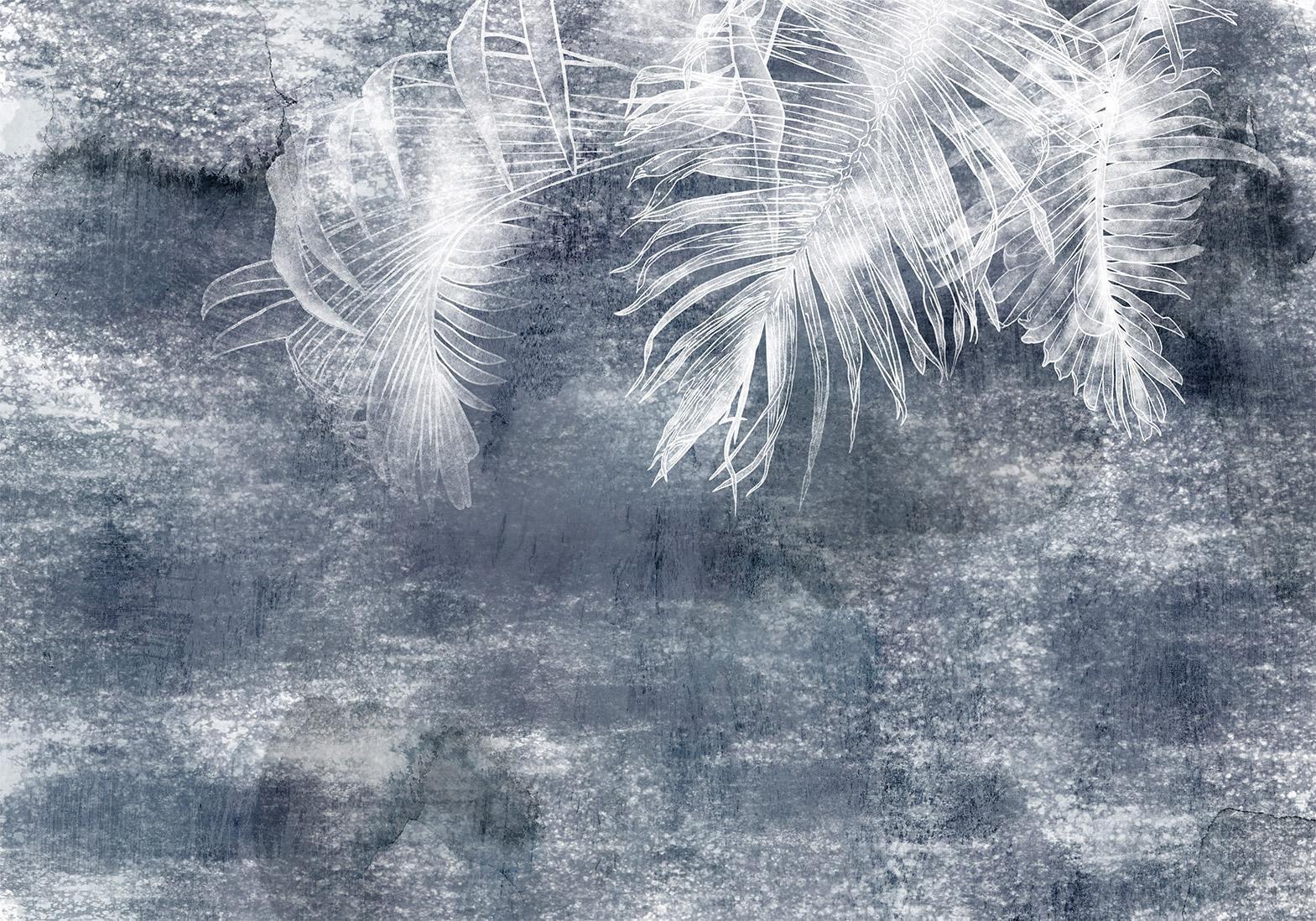 Fototapete - Abstraction with nature - exotic leaves on a blue background with pattern Artgeist