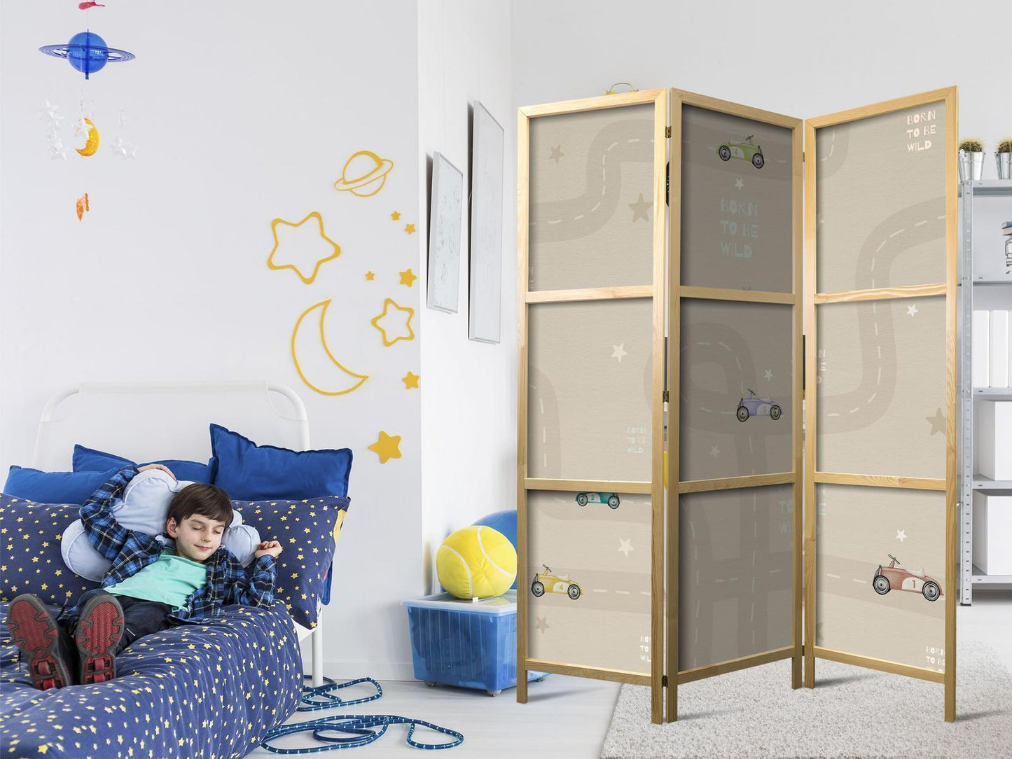 Japanischer Paravent - Race - Colorful cars on a road on a beige background with stars