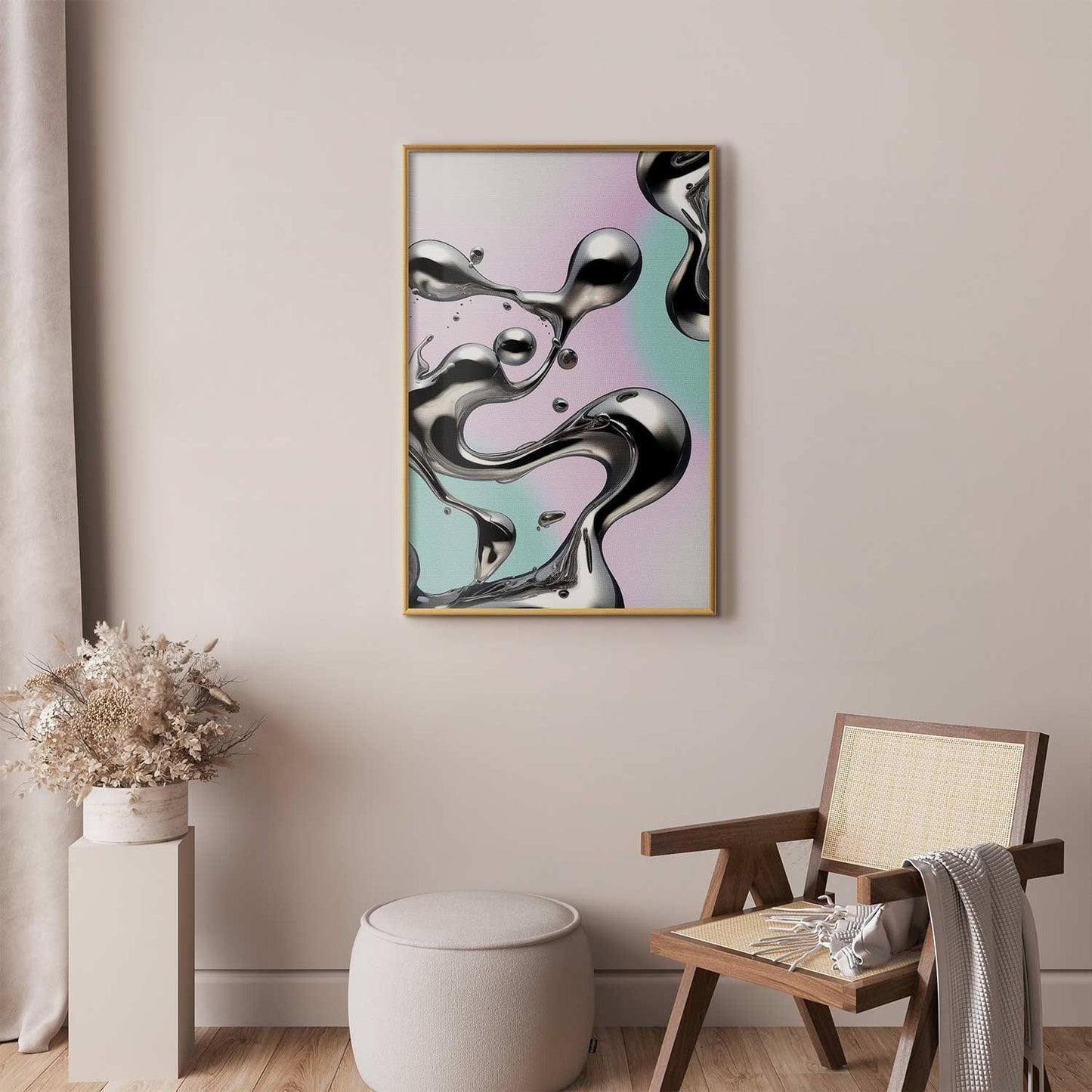 Poster - Metallic Fluidity - abstract silver forms on a mint-purple background