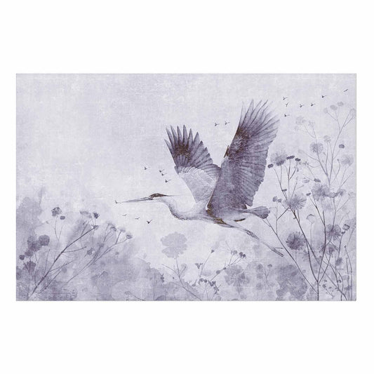 Poster - Majestic Flight - crane in flight in a monochromatic, cool color palette