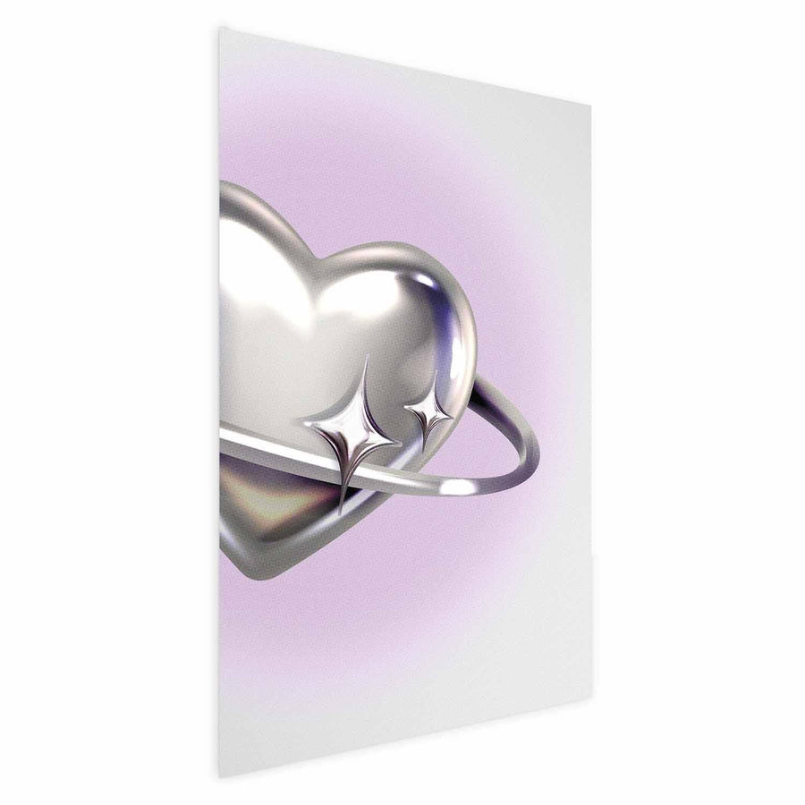 Poster - Cosmic Heart - silver heart with a ring on a purple background Artgeist