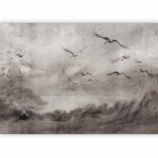 Fototapete - Swan flight - abstract landscape of birds over a lake with texture