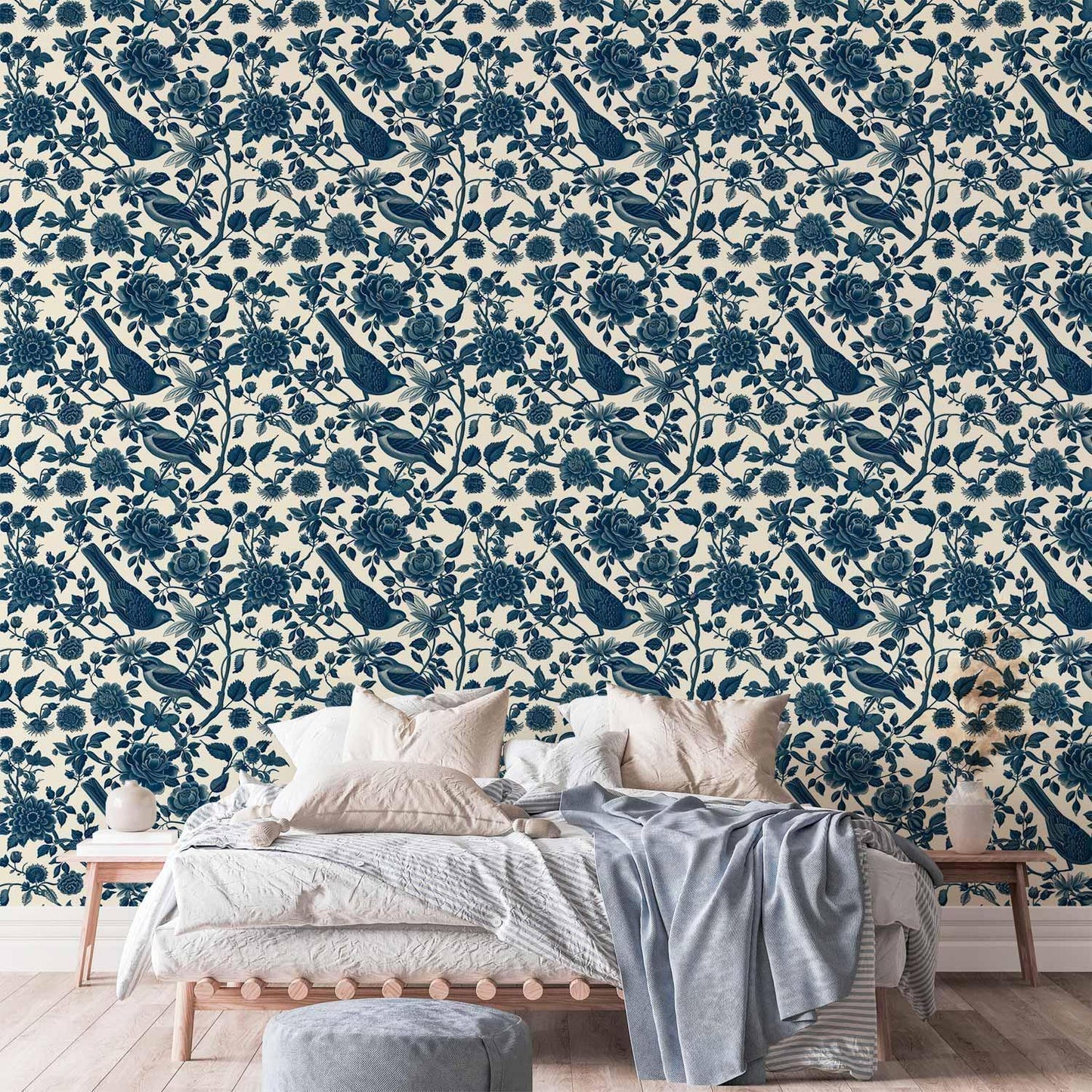 Tapete - Birds and roses - monochrome blue pattern with botanical motif