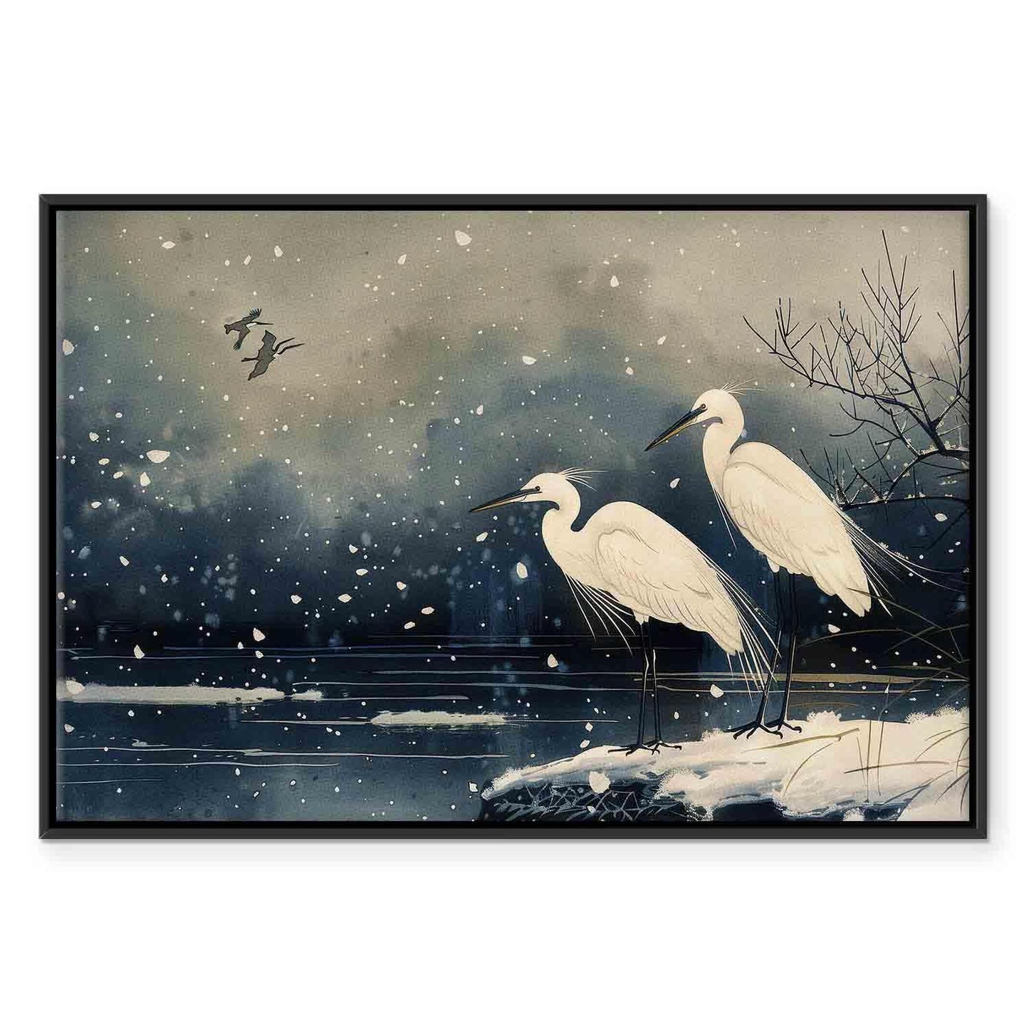 Leinwandbild - Herons over a winter pond - Japanese-style illustration in dark colours
