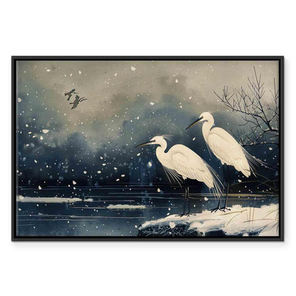 Leinwandbild - Herons over a winter pond - Japanese-style illustration in dark colours