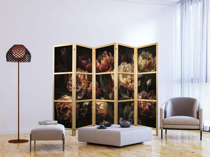 Japanischer Paravent - Magnificent Tulips - Bouquet of Flowers in Red and White on a Black Background