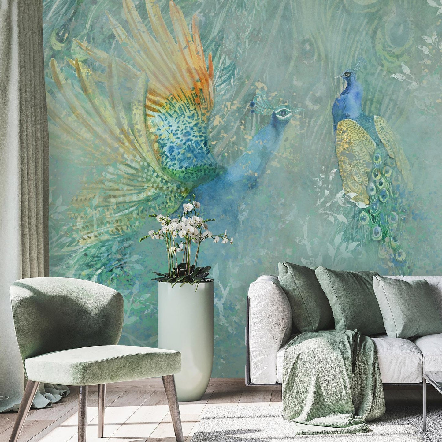 Fototapete „Peacocks Dancing“ – Majestätische Pfauen im eleganten Tanz Artgeist