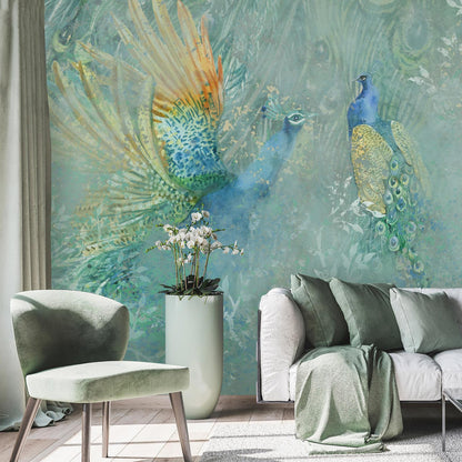 Fototapete „Peacocks Dancing“ – Majestätische Pfauen im eleganten Tanz Artgeist