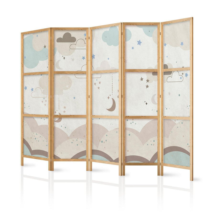 Japanischer Paravent - Cloudy Night Sky - Moons in browns and beiges among numerous clouds and stars on a light background Artgeist
