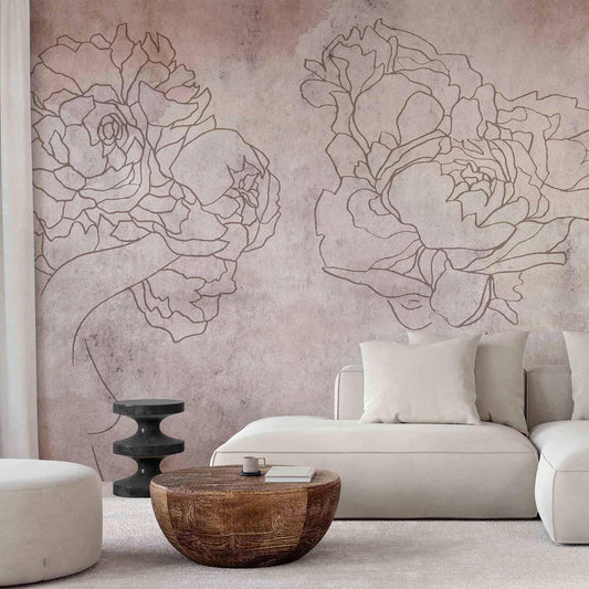 Fototapete - Floristic abstraction - lineart style silhouettes of people with flowers Artgeist