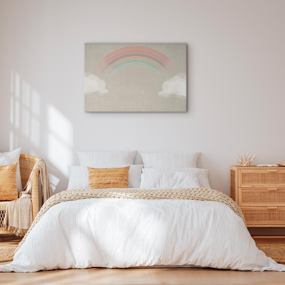 Leinwandbild - Rainy June - Colorful Rainbow Emerging from Clouds on a Bright Background