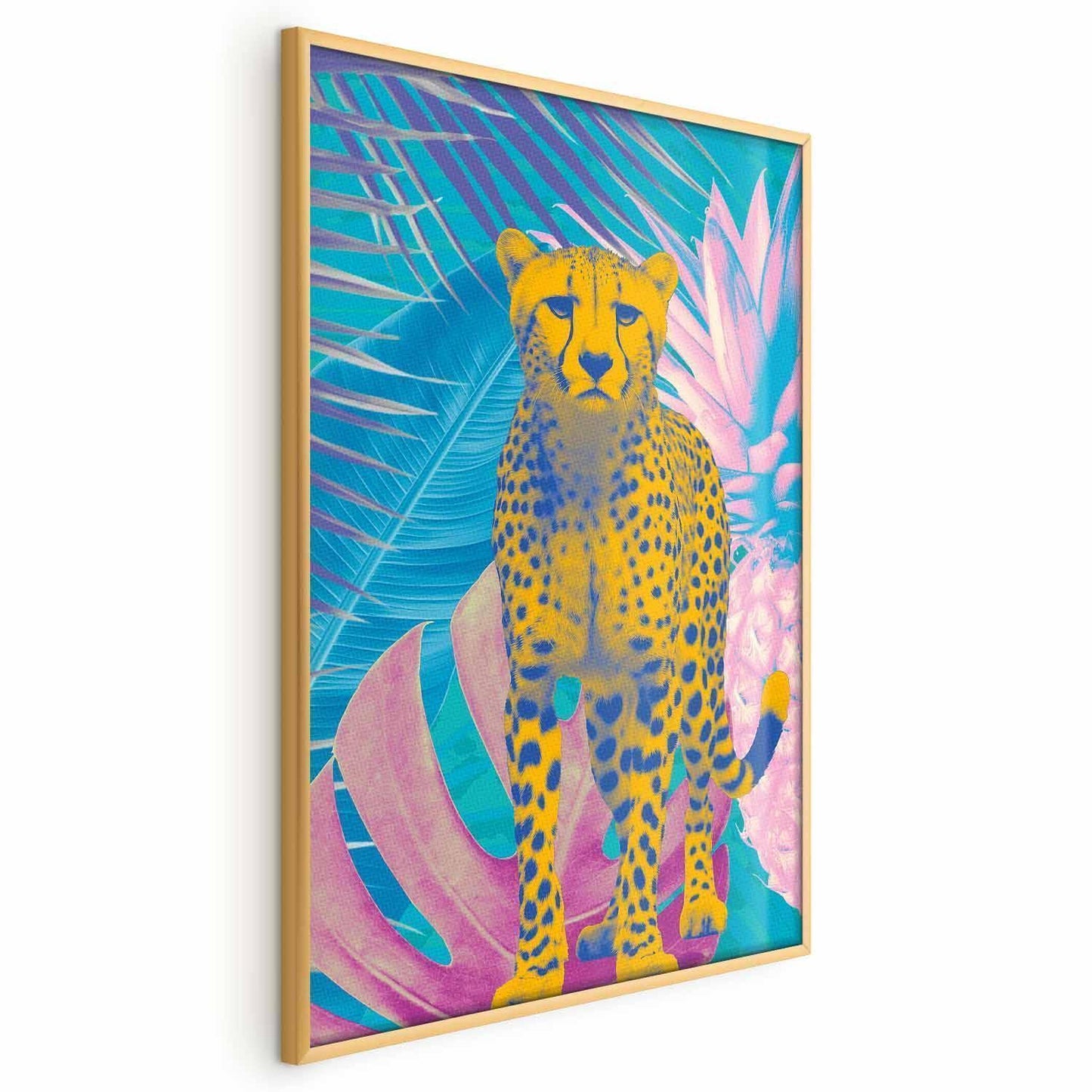 Poster - Exotic Leopard - colorful portrait of a cheetah against tropical leaves