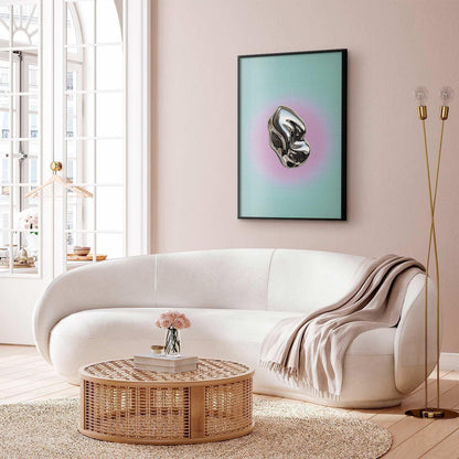 Poster - Metallic Form - abstract sculpture on a mint background with a purple halo Artgeist