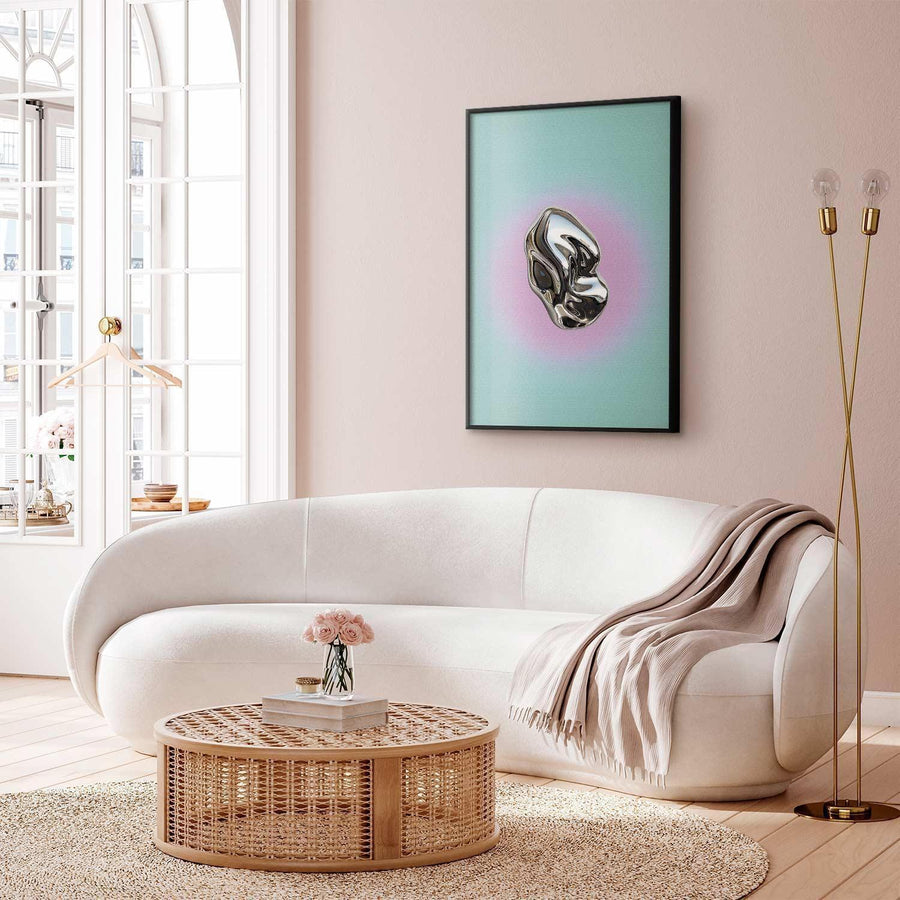 Poster - Metallic Form - abstract sculpture on a mint background with a purple halo Artgeist