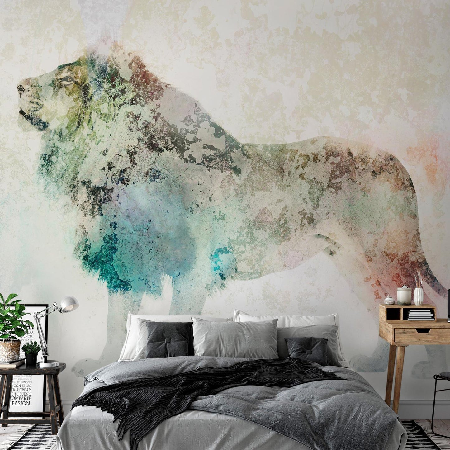 Fototapete - King of the animals - lion on a solid textured background with coloured accent Artgeist