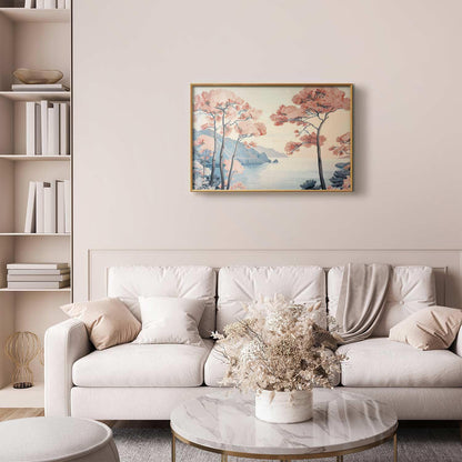 Poster - Ocean Cliffs and Trees Delicate Motif in Pastel Colors