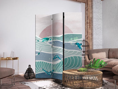 Paravent - Picturesque Landscape With Fish - Sunset And Koi Fish in Shades of Turquoise And Blue Floating Above The Water Artgeist