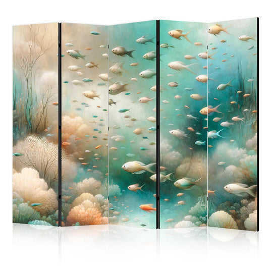 Paravent - Spectacular Underwater Landscape - Fish in an Underwater World in Turquoise Blue Beige and Delicate Orange Colors Artgeist