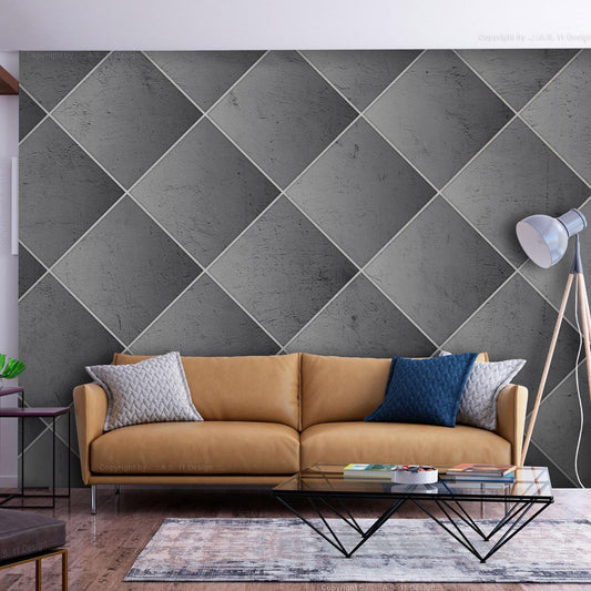 Fototapete - Grey symmetry - geometric concrete pattern with white joints Artgeist