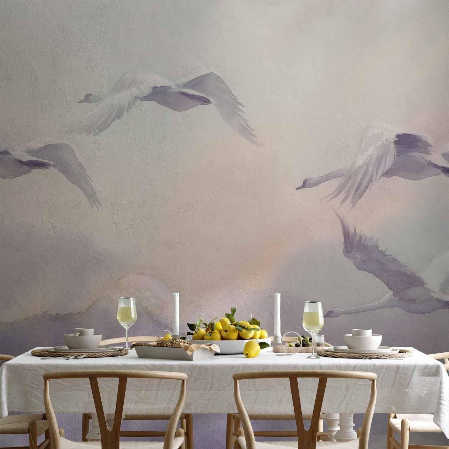 Fototapete - Flying Swans Artgeist