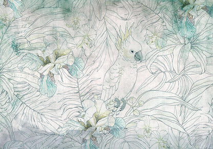 Wanddekoration mit Kakadu und Gartenblumen

