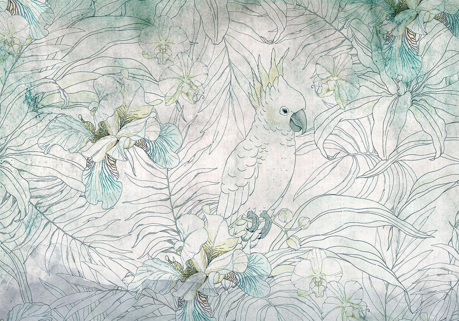 Wanddekoration mit Kakadu und Gartenblumen

