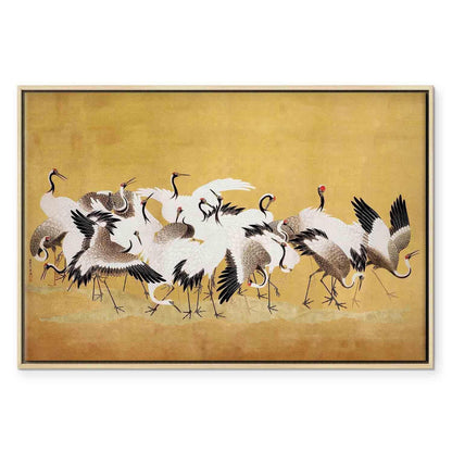 Leinwandbild - Japanese cranes - a flock of birds against a golden background based on a painting by Ishida Yūtei