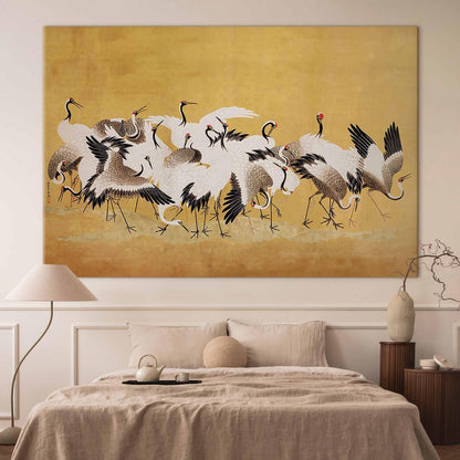 Wandbild XXL - Japanese cranes - a flock of birds against a golden background based on a painting by Ishida Yūtei