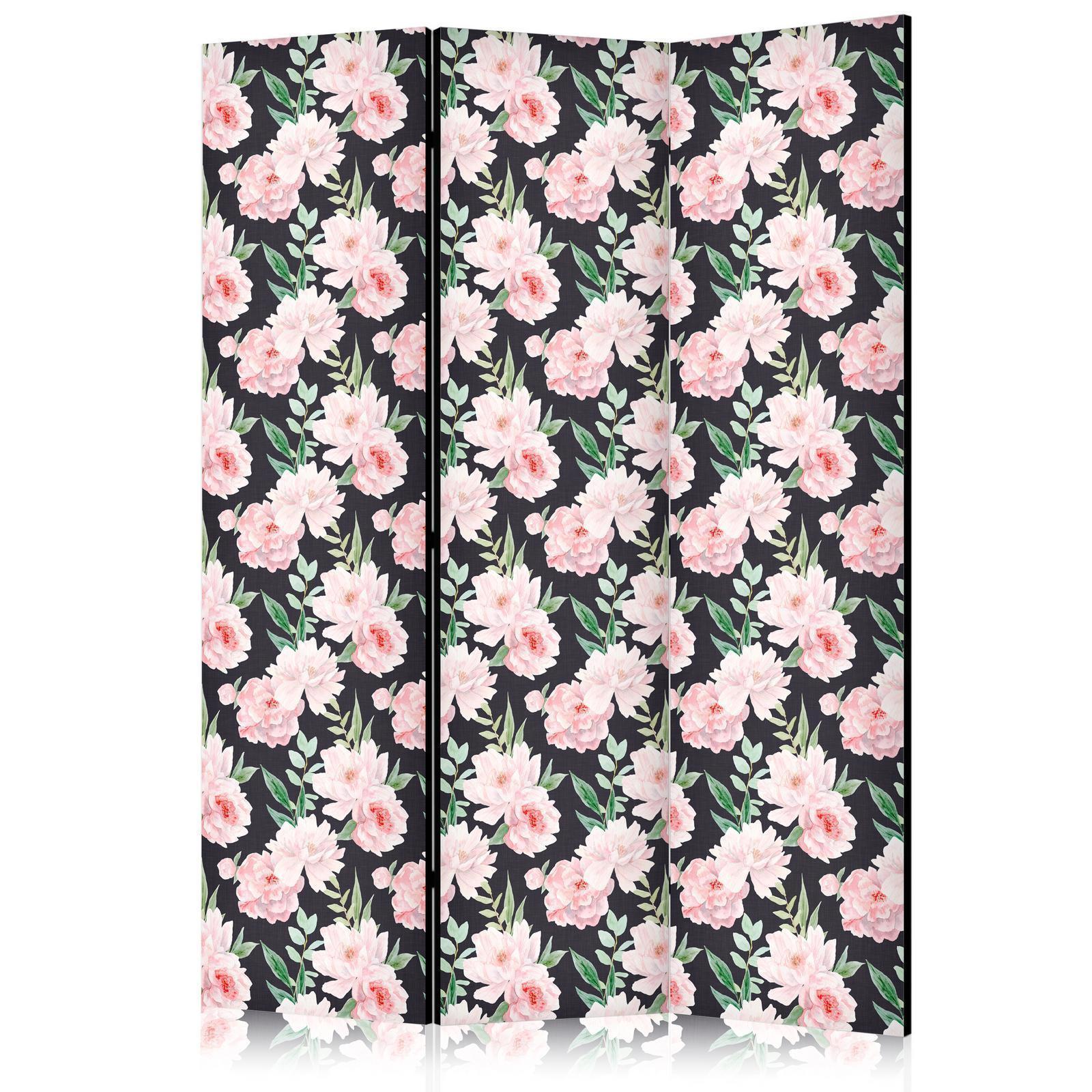 Paravent - Peonies - Pink Flowers and Green Leaves on a Graphite Background Artgeist