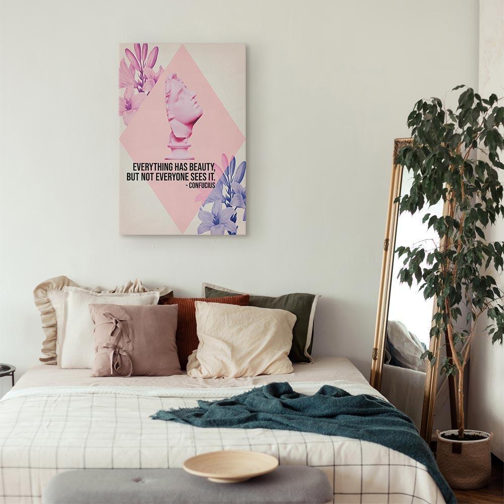 Leinwandbild - Beauty in the Eyes - Inspirational Quote with Pink Bust and Flowers