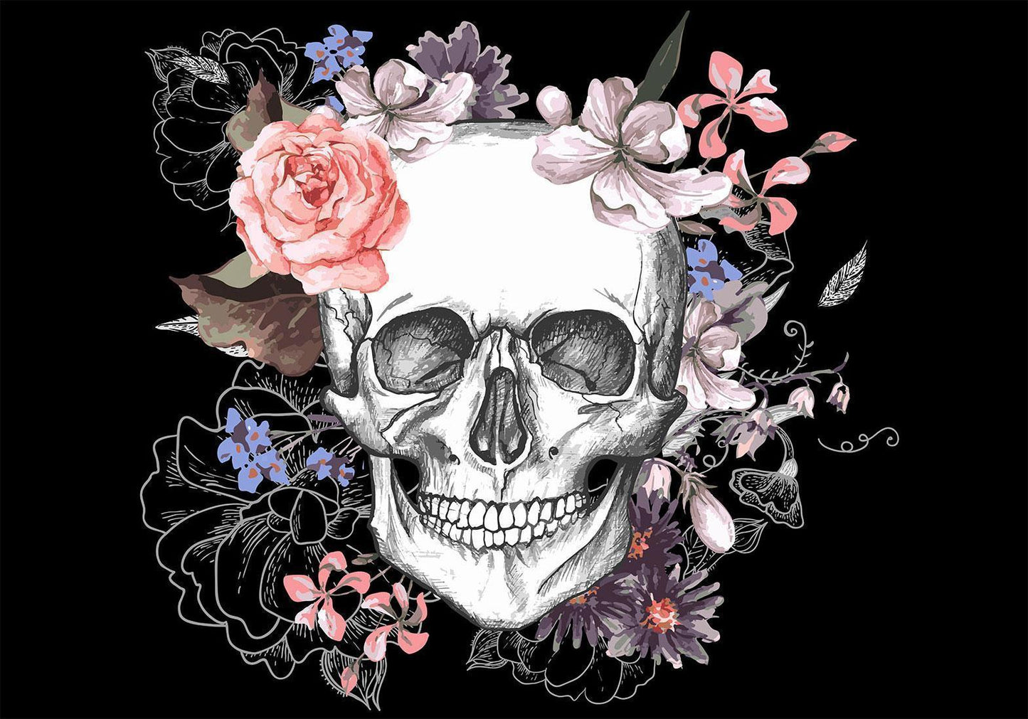 Fototapete Skull and Flowers – Schädel & Blumen in künstlerischem Kontrast
