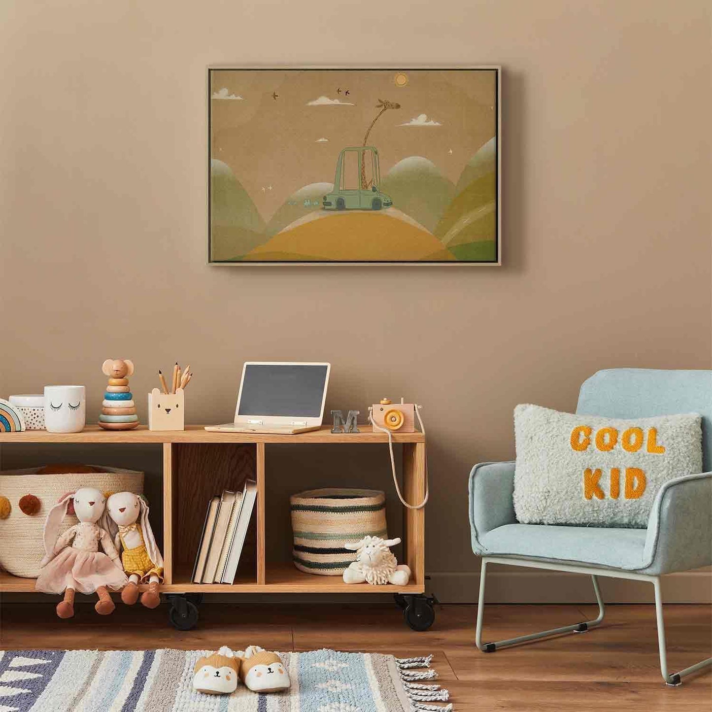 Leinwandbild - Dreamy Traveler - A Cheerful Giraffe Driving a Car on a Sunny Day Artgeist